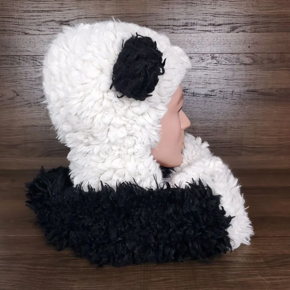 Panda Bear Plush Fur Cowl‎ Hooded Infinity Scarf Snood 3D Ears Black White New